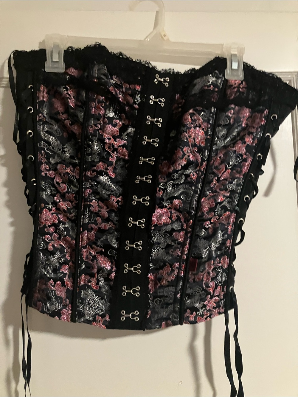 Tripp NYC Black Brocade Goth Corset Top with Pink & Silver Embroidery